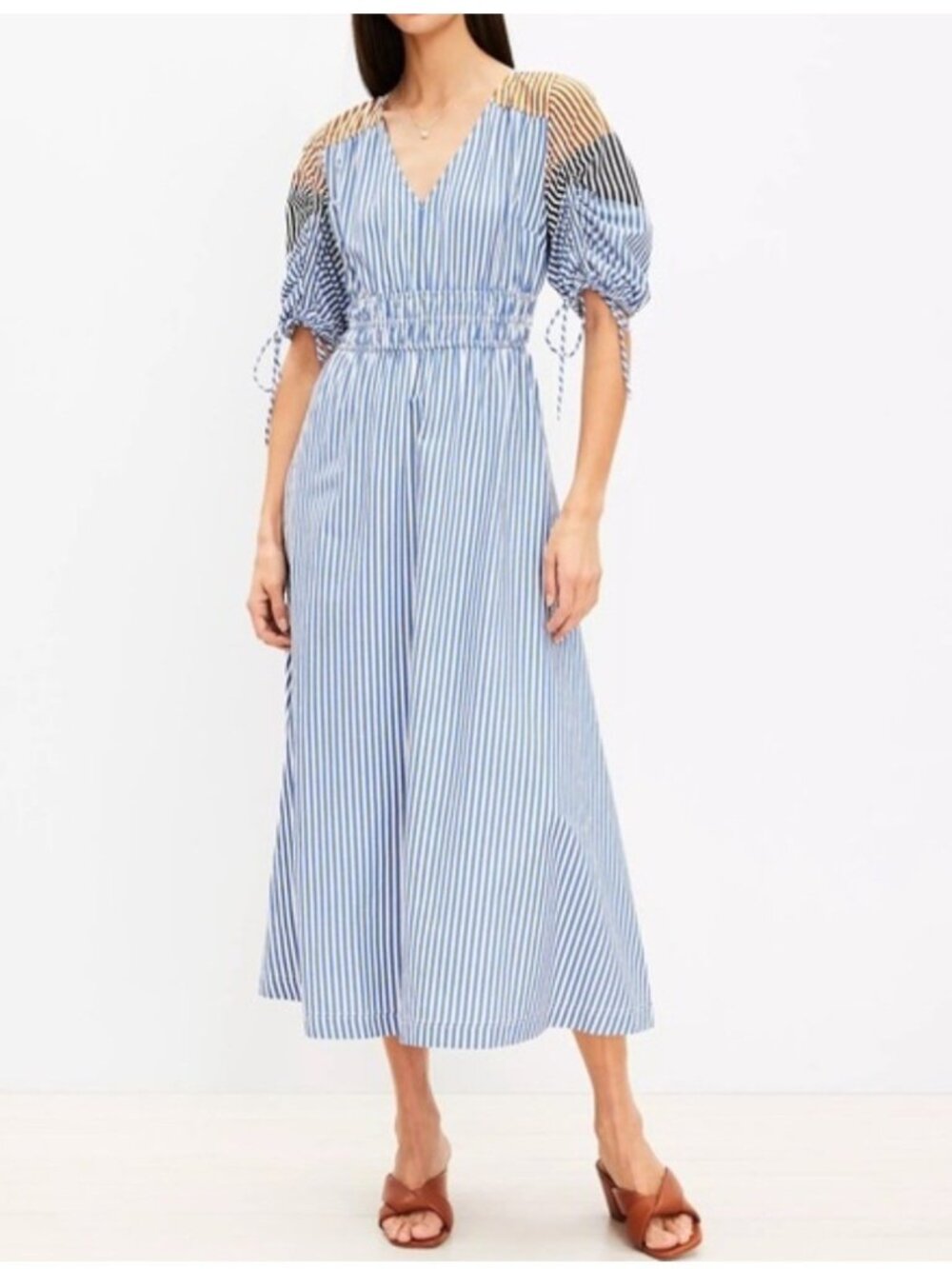 LOFT Puff Ruched Sleeve Smocked Waist Striped V-Neck Midi Dress Size M